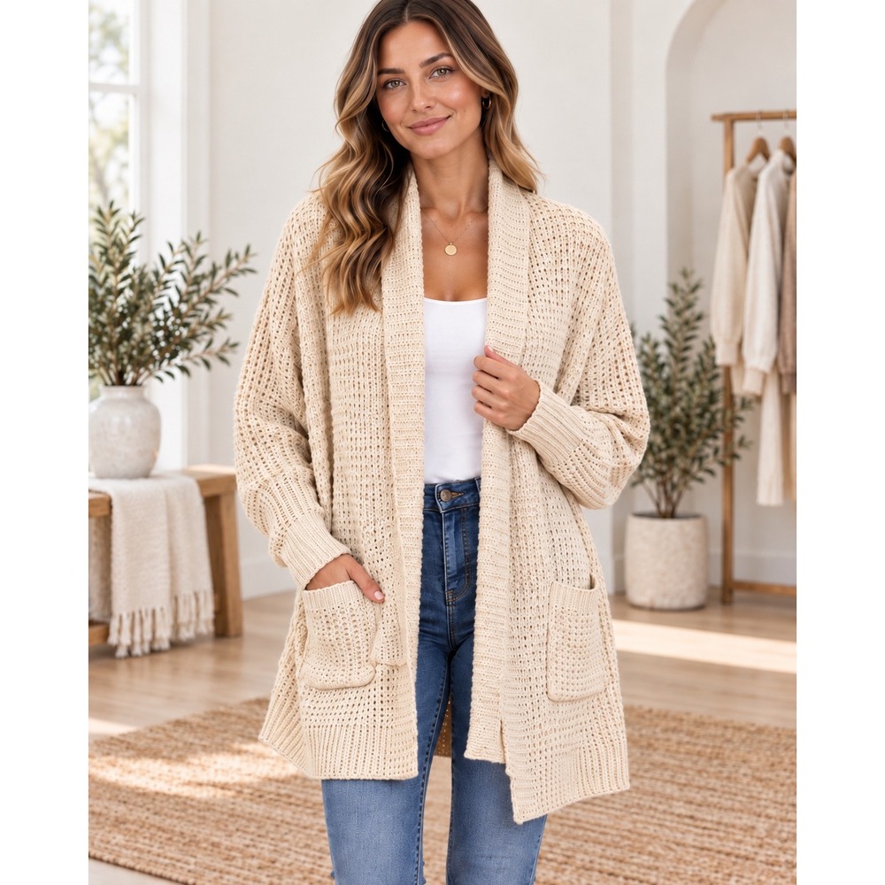 POL Cardigan Sweater Cream Waffle Knit Open Front  M146 Beige Large